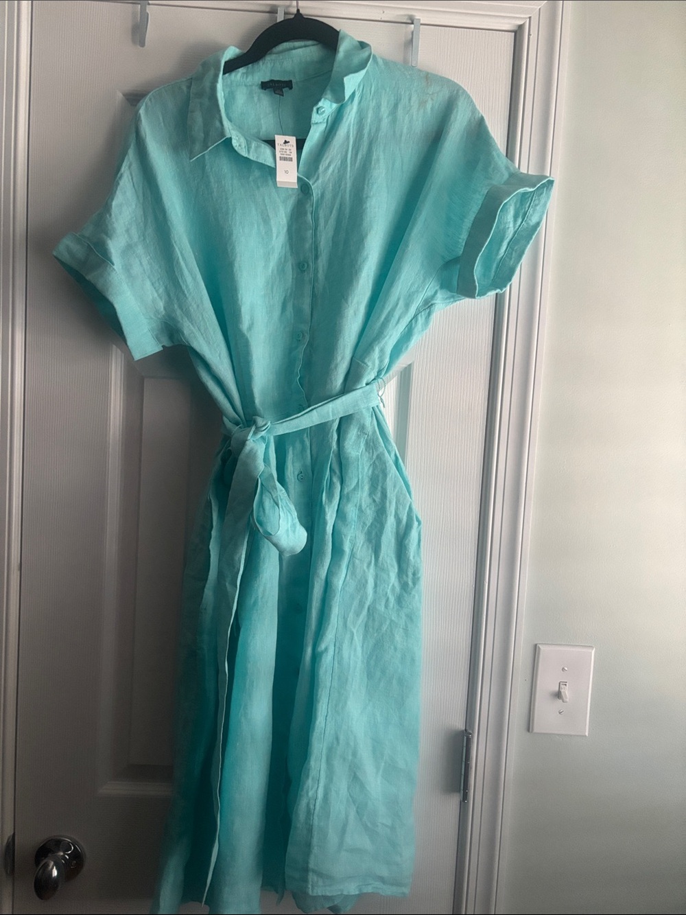 Talbots Turquoise Linen Button-Front Midi Dress with Tie Waist